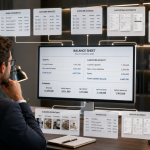 Comptable analysant un bilan et remontant vers les pièces justificatives, factures et relevés bancaires