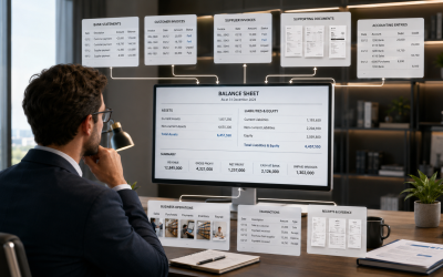 Comptable analysant un bilan et remontant vers les pièces justificatives, factures et relevés bancaires