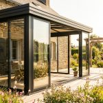 Véranda moderne en aluminium accolée à une maison, baies vitrées, jardin ensoleillé