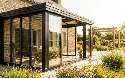 Véranda moderne en aluminium accolée à une maison, baies vitrées, jardin ensoleillé